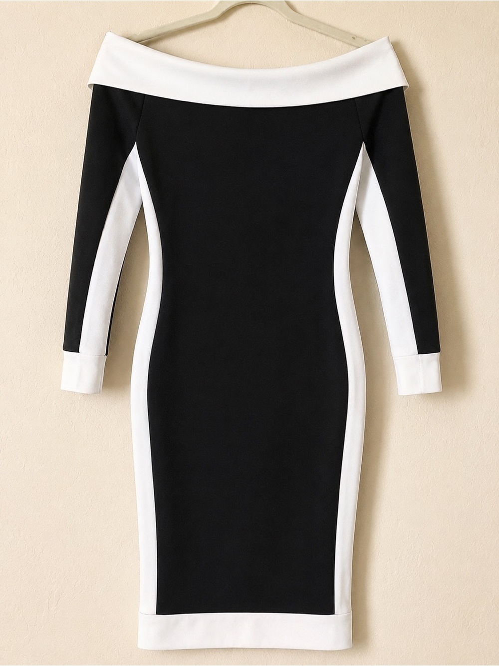 Black & White Off-Shoulder Colorblock Bodycon Midi Dress